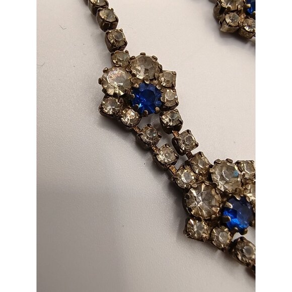 Vintage Sapphire Blue Clear Rhinestone Paste Choker Necklace Statement Cocktail - Picture 13 of 15